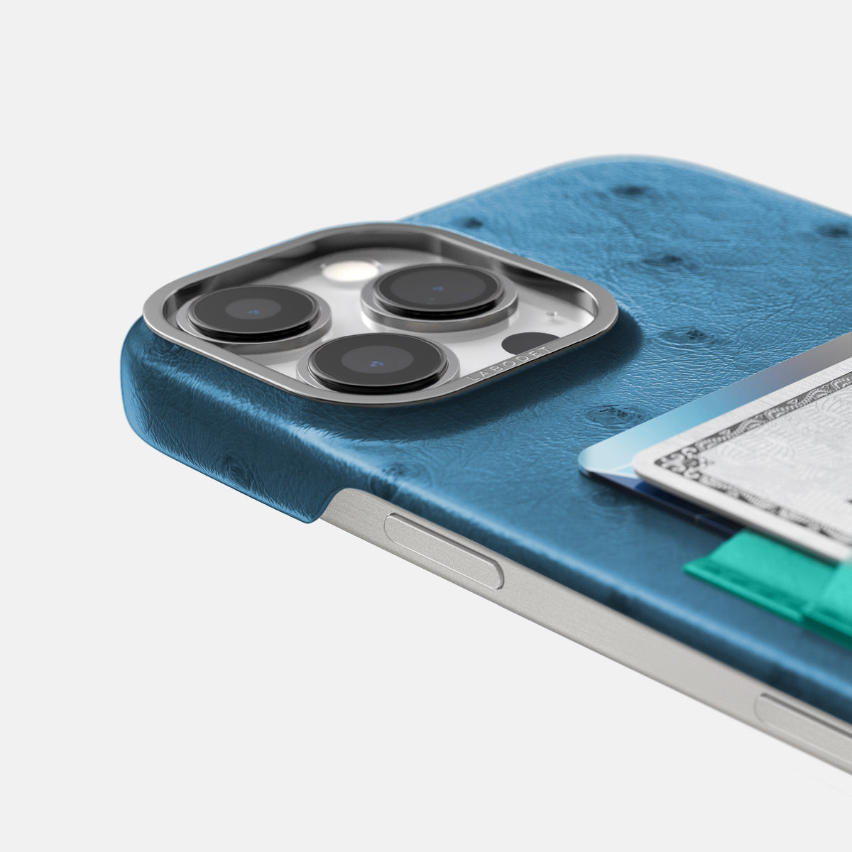 Blue-Jeans-Turquoise iPhone 16 Pro Card Case Ostrich with Steel Metal -5 | Blue-Jeans-Turquoise-Steel