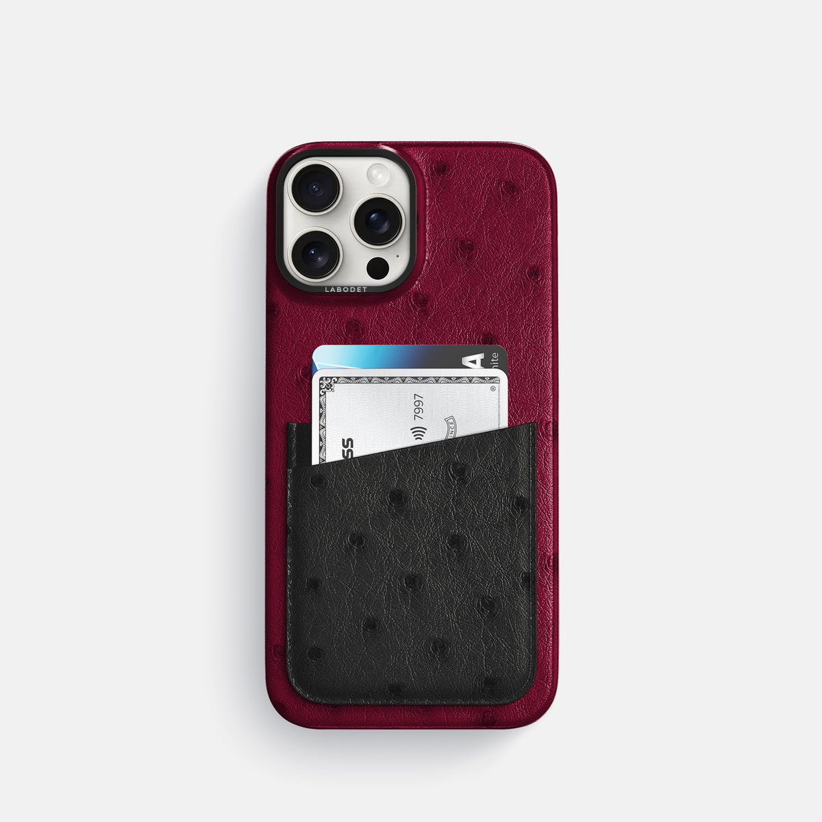Bordeaux-Black iPhone 16 Pro Card Case Ostrich with Black Metal -1 | Bordeaux-Black-Black