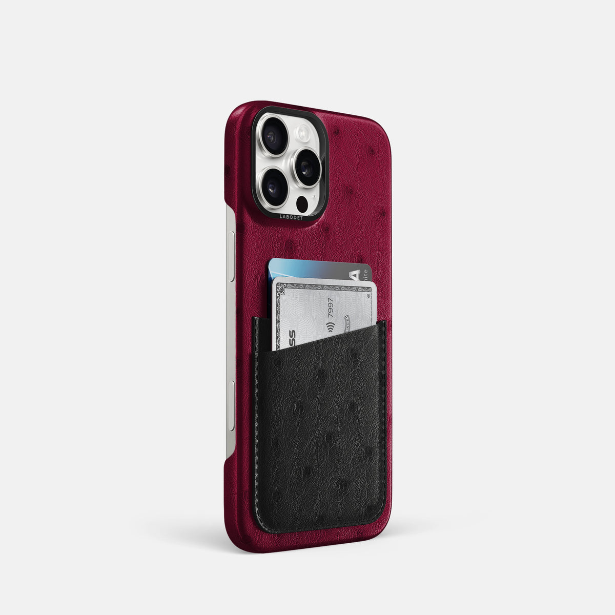 Bordeaux-Black iPhone 16 Pro Card Case Ostrich with Black Metal -2 | Bordeaux-Black-Black
