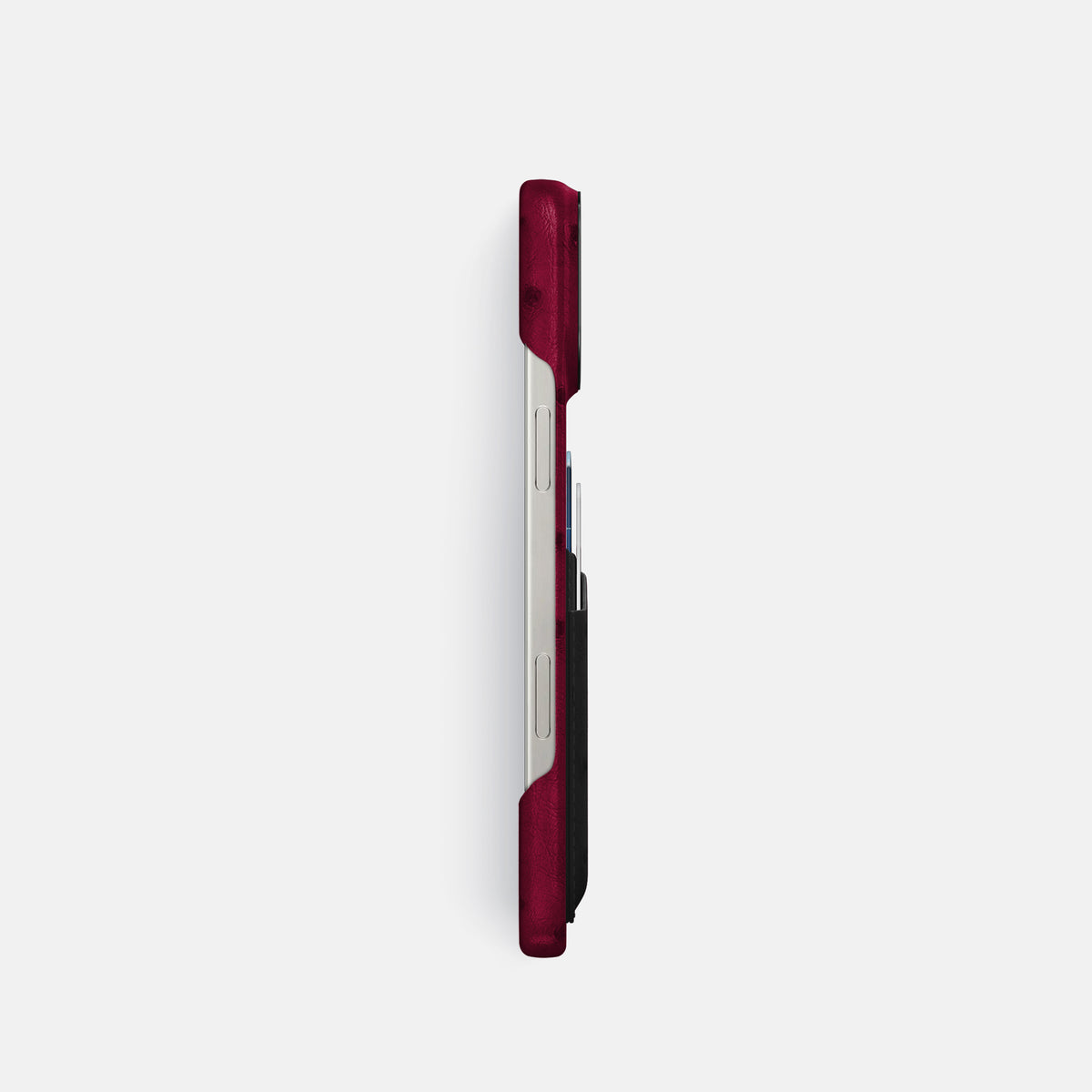 Bordeaux-Black iPhone 16 Pro Card Case Ostrich with Black Metal -3 | Bordeaux-Black-Black