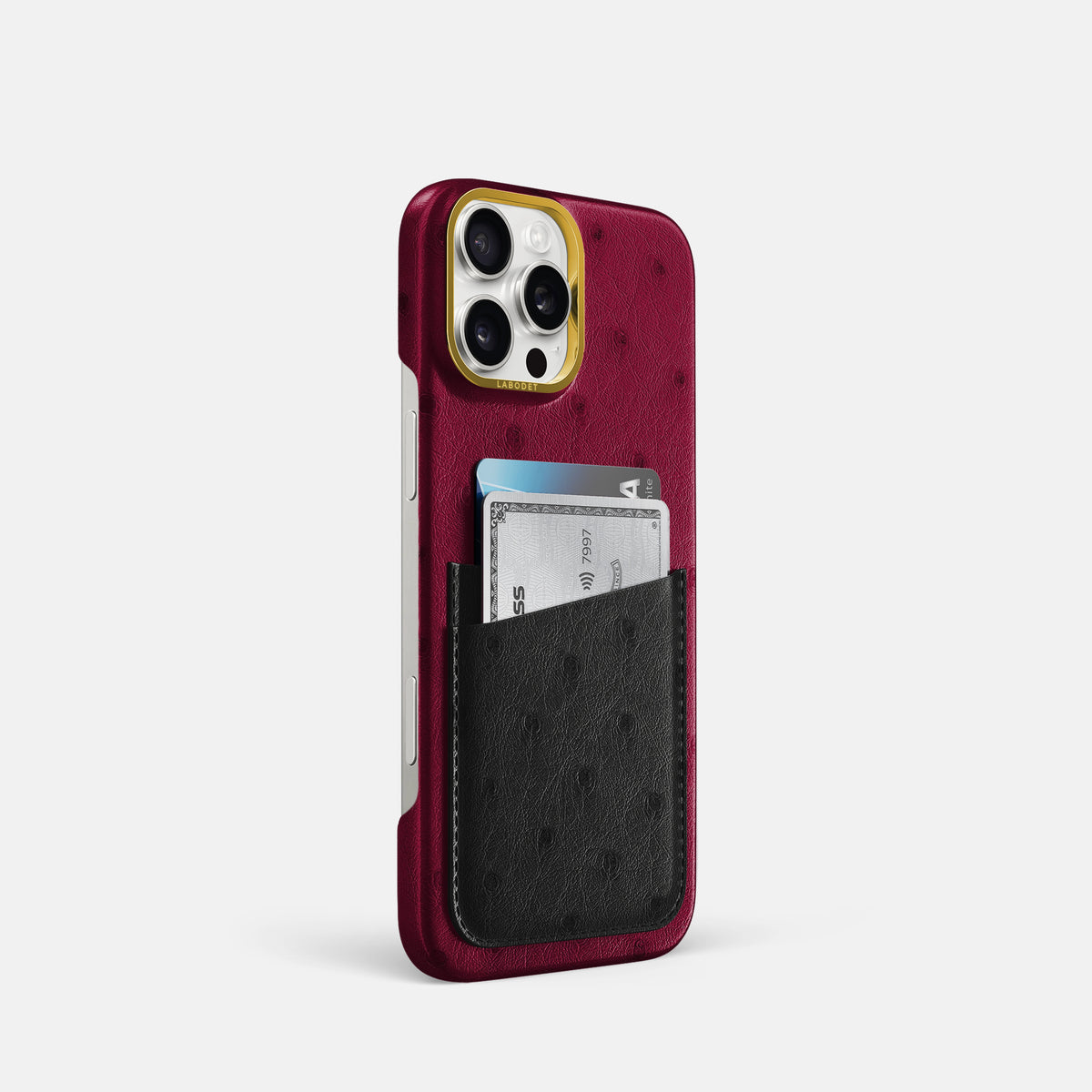 Bordeaux-Black iPhone 16 Pro Card Case Ostrich with Gold Metal -2 | Bordeaux-Black-Gold