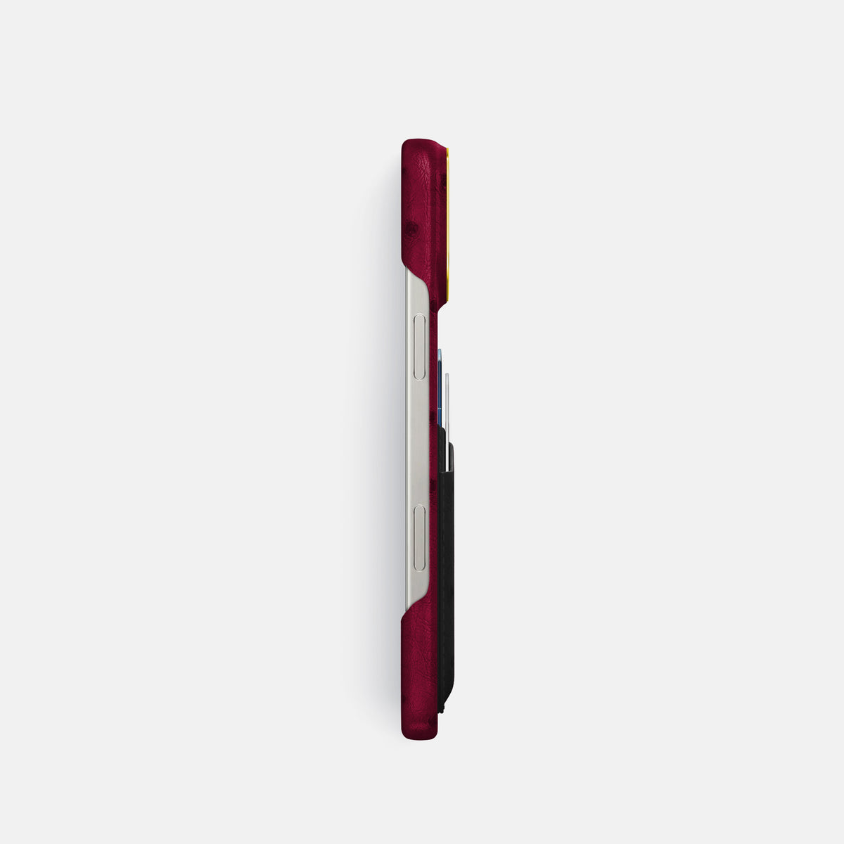Bordeaux-Black iPhone 16 Pro Card Case Ostrich with Gold Metal -3 | Bordeaux-Black-Gold