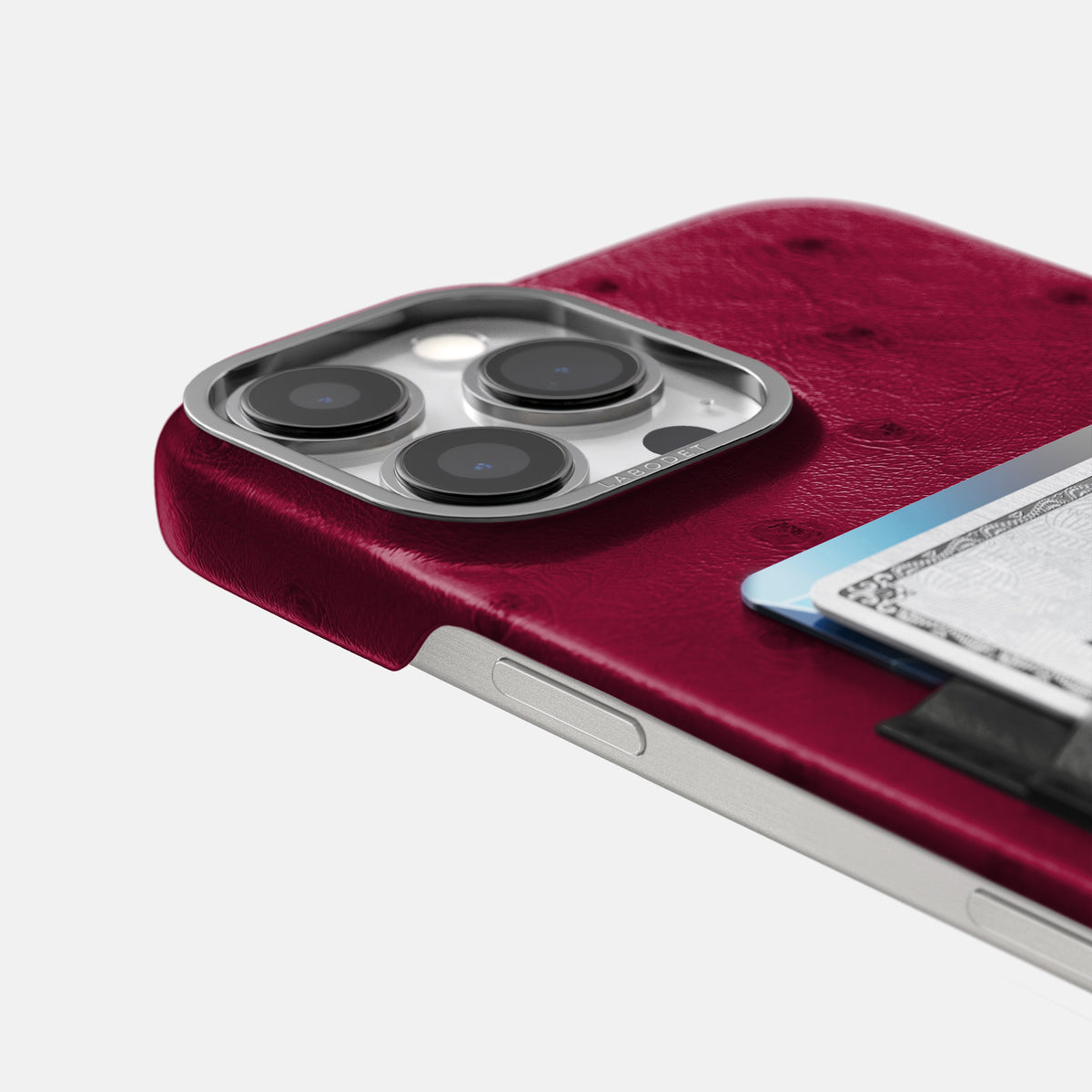 Bordeaux-Black iPhone 16 Pro Card Case Ostrich with Steel Metal -5 | Bordeaux-Black-Steel