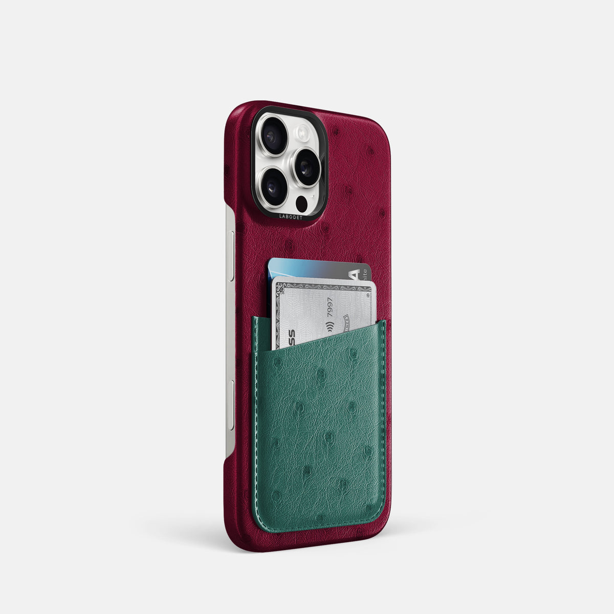 Bordeaux-Forest-Green iPhone 16 Pro Card Case Ostrich with Black Metal -2 | Bordeaux-Forest-Green-Black