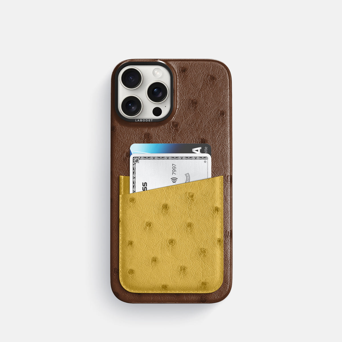 Chocolate-Gold iPhone 16 Pro Card Case Ostrich with Black Metal -1 | Chocolate-Gold-Black