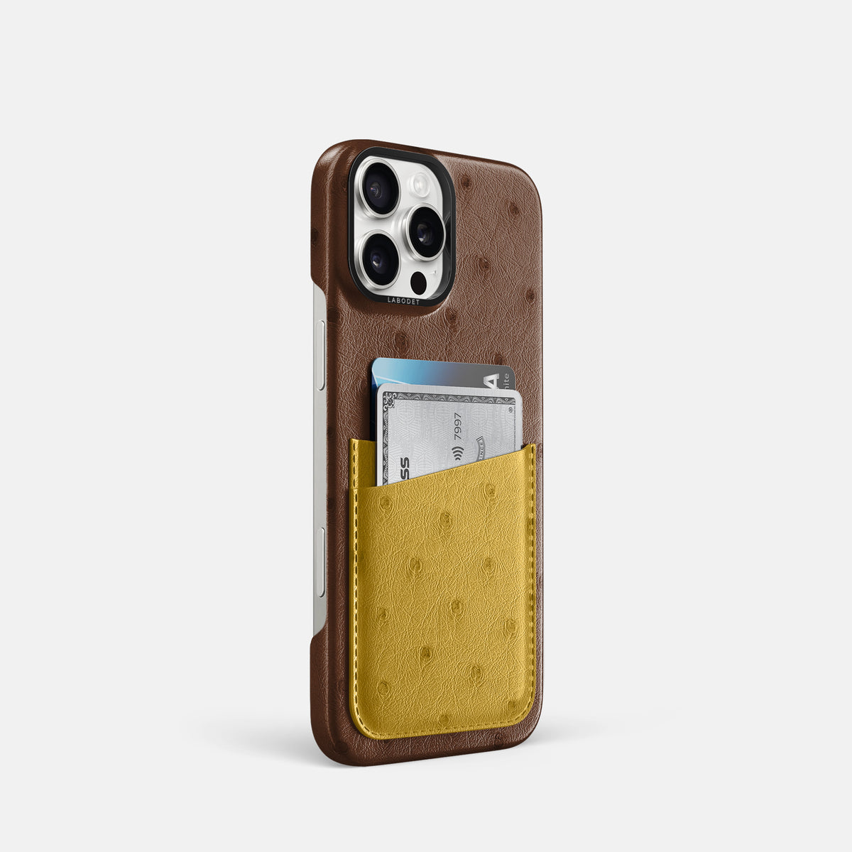 Chocolate-Gold iPhone 16 Pro Card Case Ostrich with Black Metal -2 | Chocolate-Gold-Black