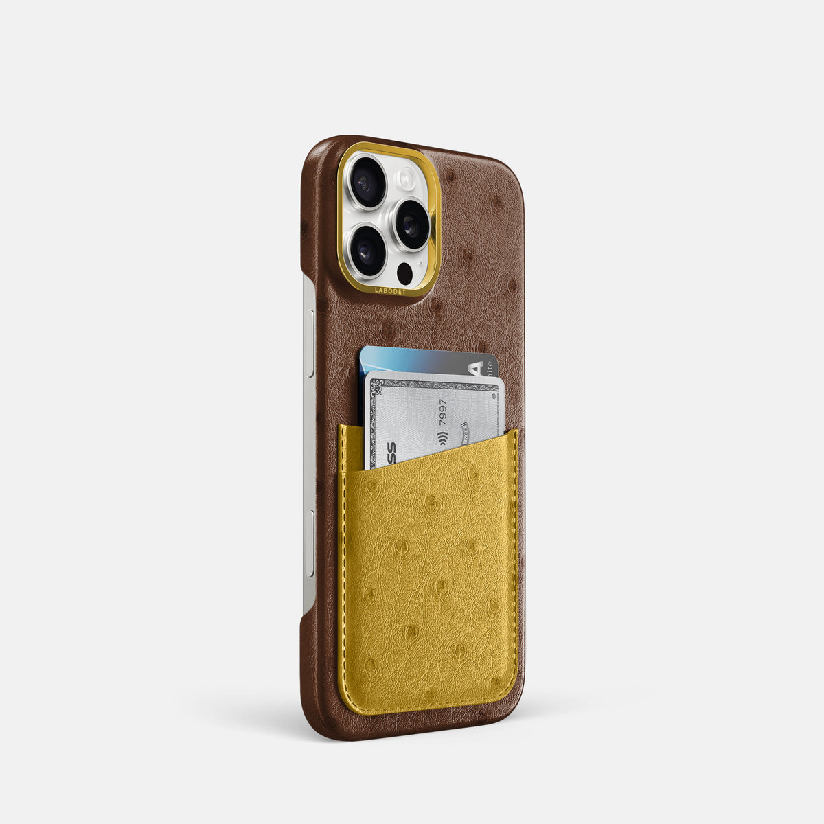 Chocolate-Gold iPhone 16 Pro Card Case Ostrich with Gold Metal -2 | Chocolate-Gold-Gold