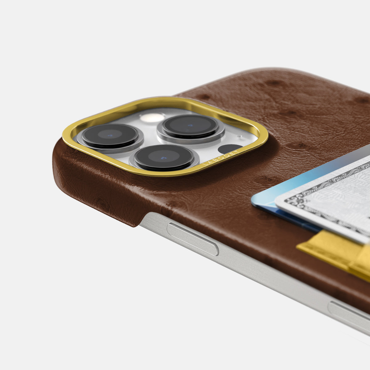 Chocolate-Gold iPhone 16 Pro Card Case Ostrich with Gold Metal -5 | Chocolate-Gold-Gold