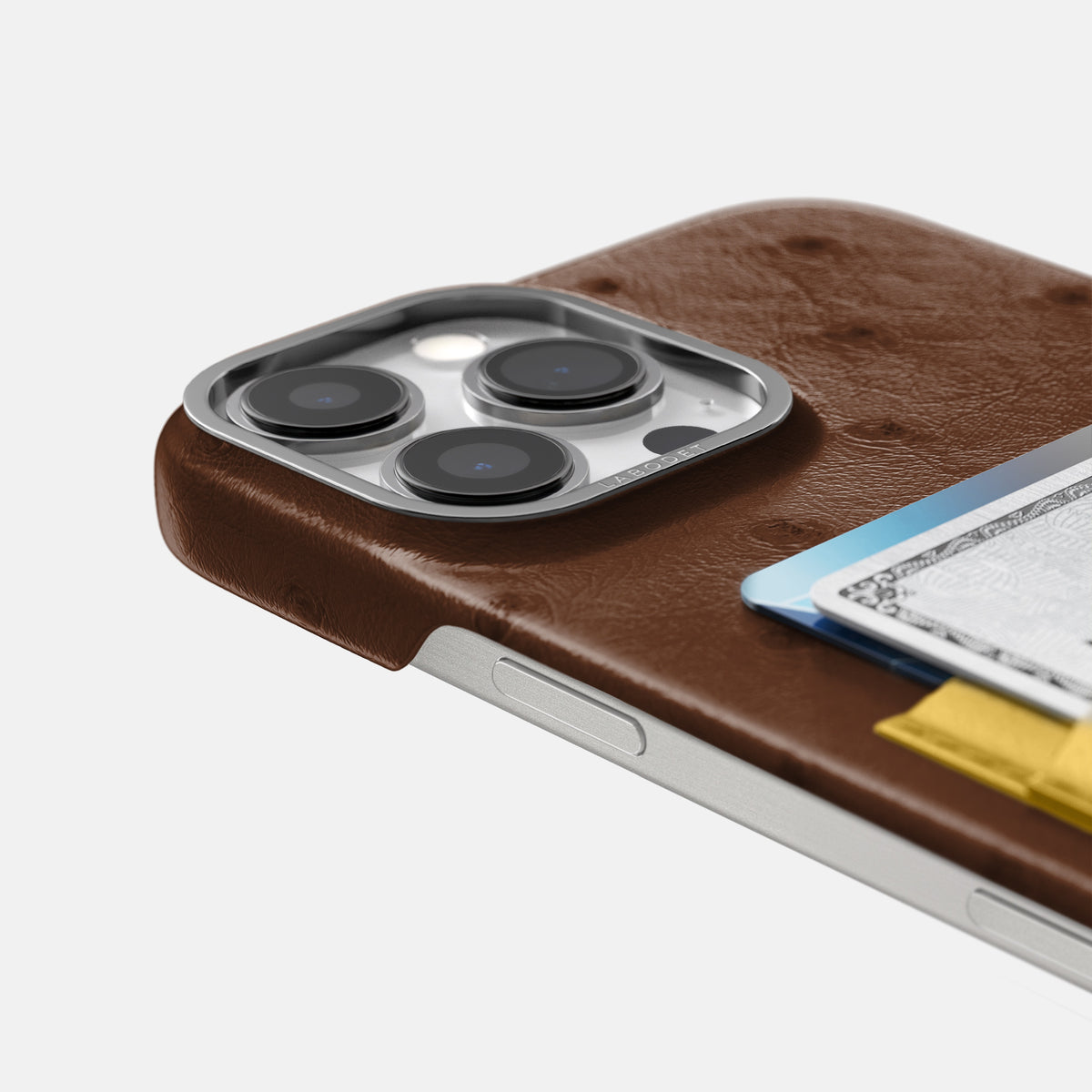 Chocolate-Gold iPhone 16 Pro Card Case Ostrich with Steel Metal -5 | Chocolate-Gold-Steel