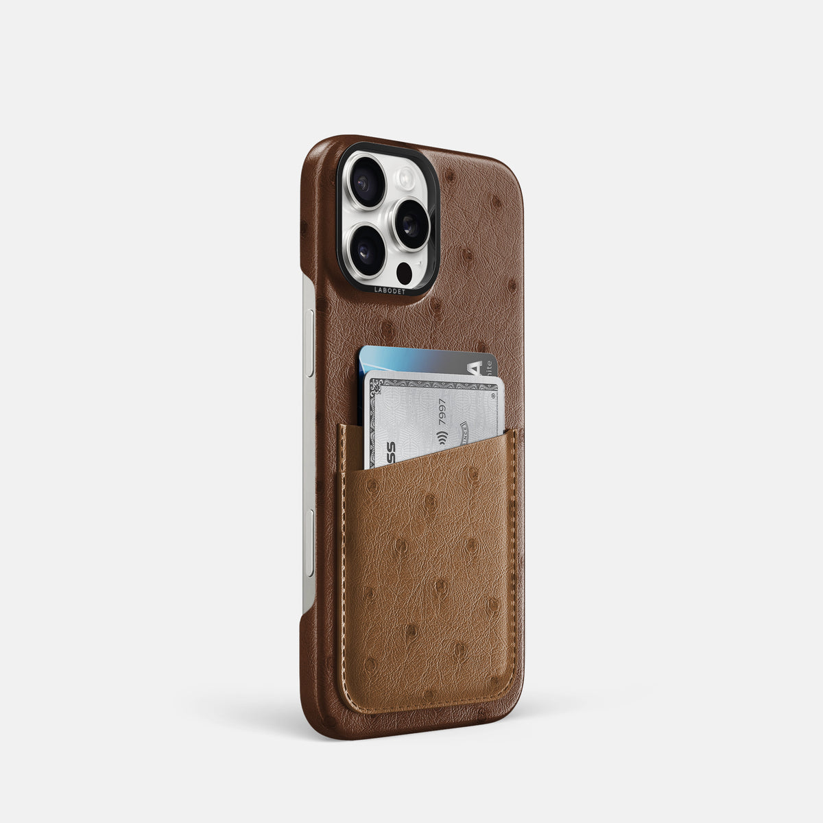 Chocolate-Medium-Brown iPhone 16 Pro Card Case Ostrich with Black Metal -2 | Chocolate-Medium-Brown-Black