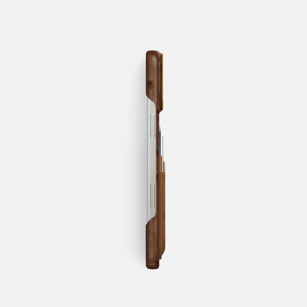 Chocolate-Medium-Brown iPhone 16 Pro Card Case Ostrich with Gold Metal -3 | Chocolate-Medium-Brown-Gold