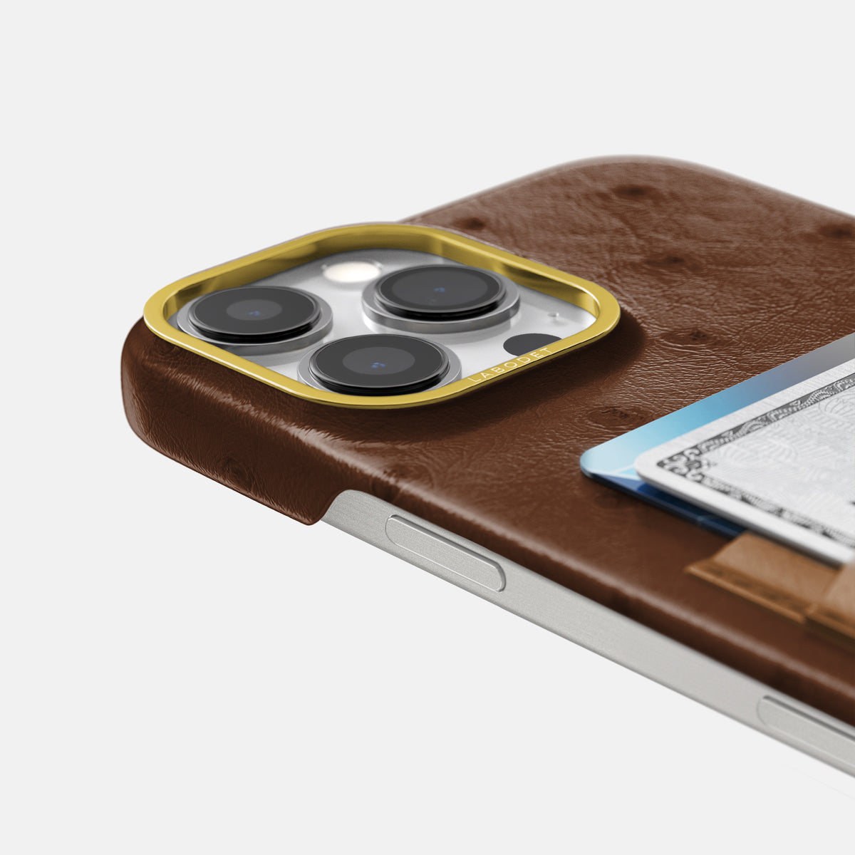 Chocolate-Medium-Brown iPhone 16 Pro Card Case Ostrich with Gold Metal -5 | Chocolate-Medium-Brown-Gold