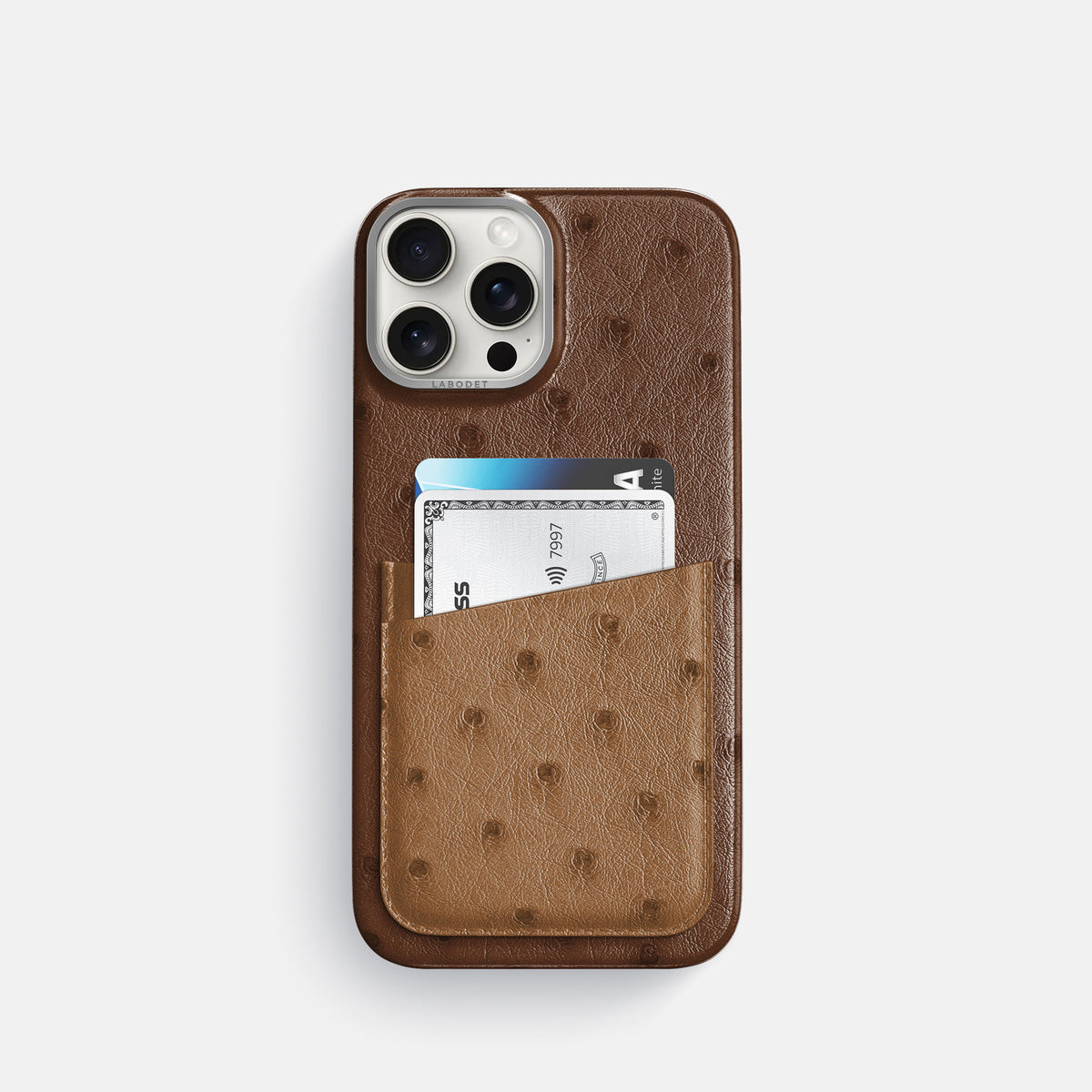Chocolate-Medium-Brown iPhone 16 Pro Card Case Ostrich with Steel Metal -1 | Chocolate-Medium-Brown-Steel