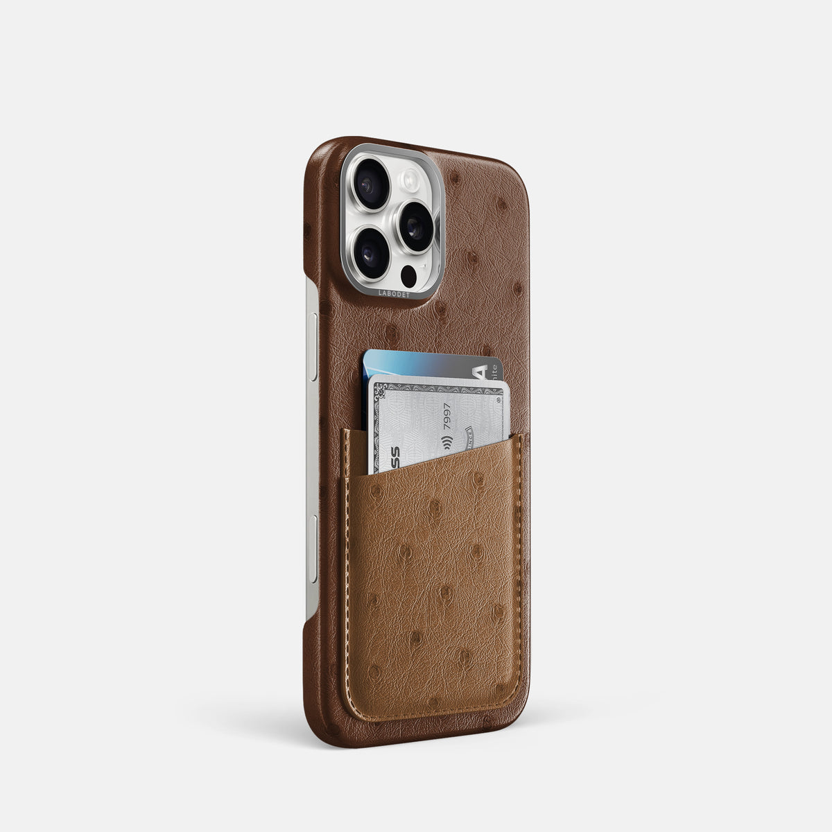 Chocolate-Medium-Brown iPhone 16 Pro Card Case Ostrich with Steel Metal -2 | Chocolate-Medium-Brown-Steel