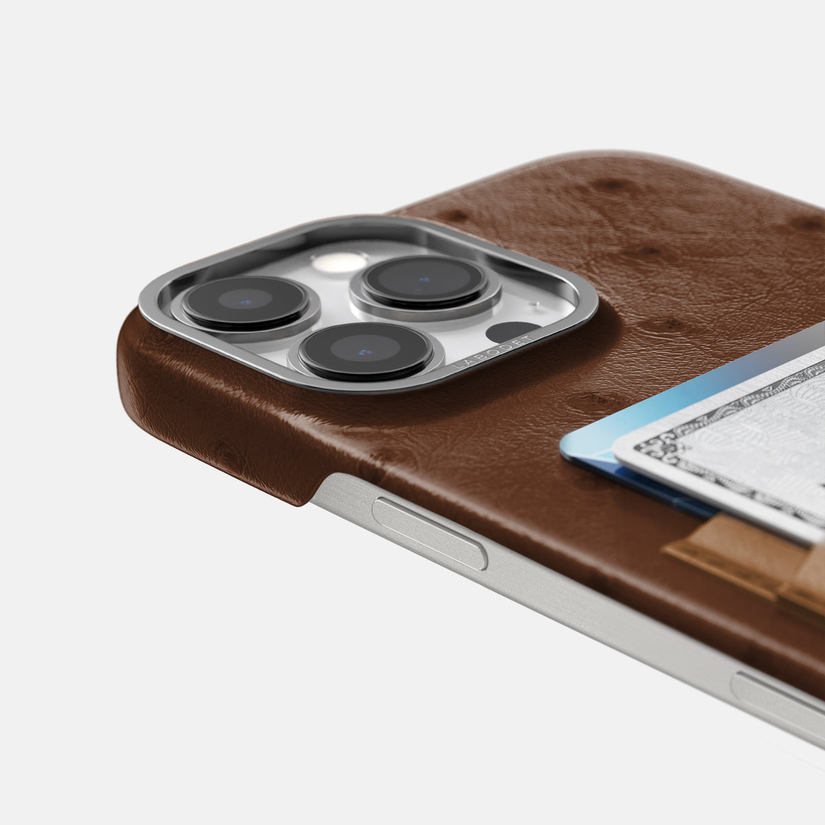 Chocolate-Medium-Brown iPhone 16 Pro Card Case Ostrich with Steel Metal -5 | Chocolate-Medium-Brown-Steel