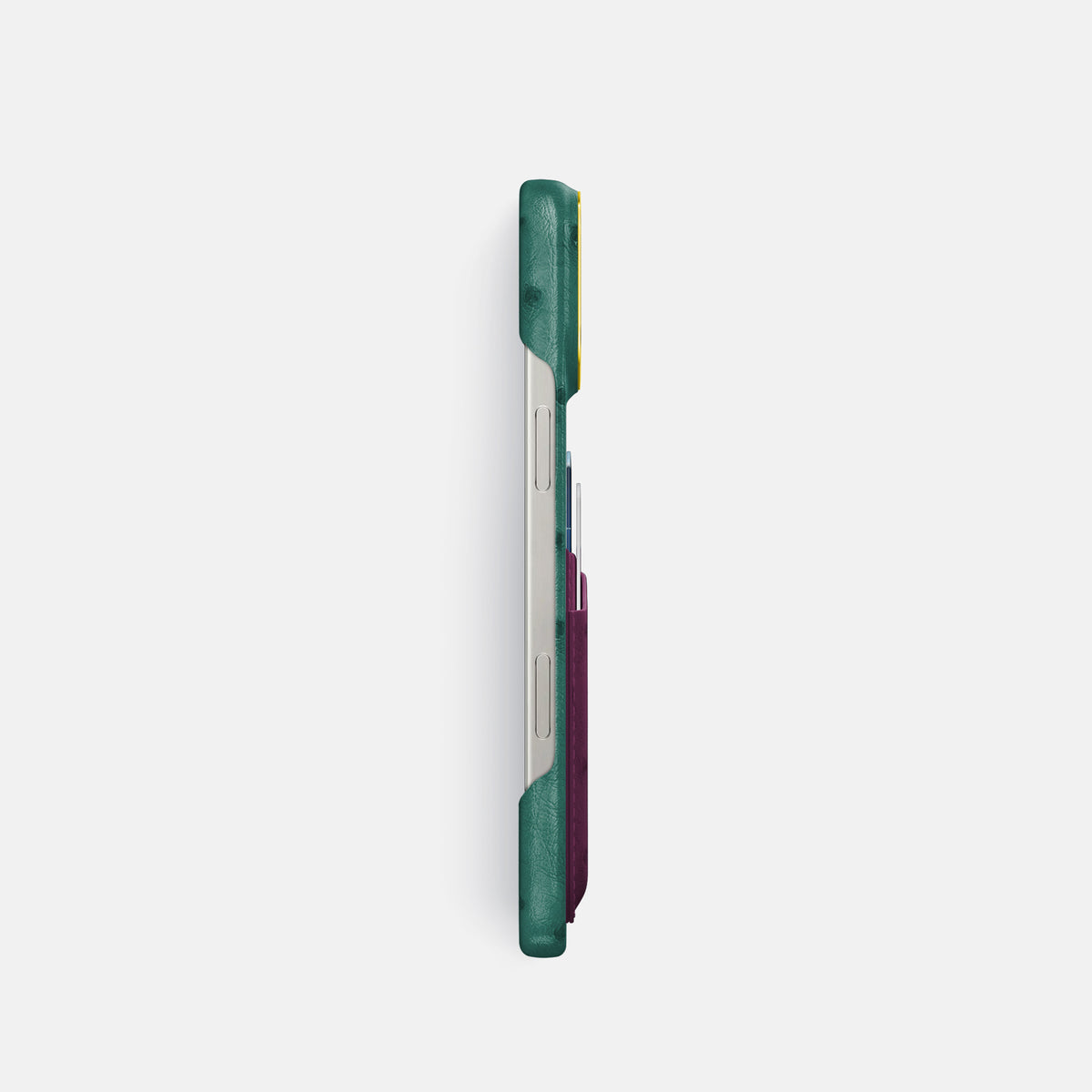 Forest-Green-Purple iPhone 16 Pro Card Case Ostrich with Gold Metal -3 | Forest-Green-Purple-Gold