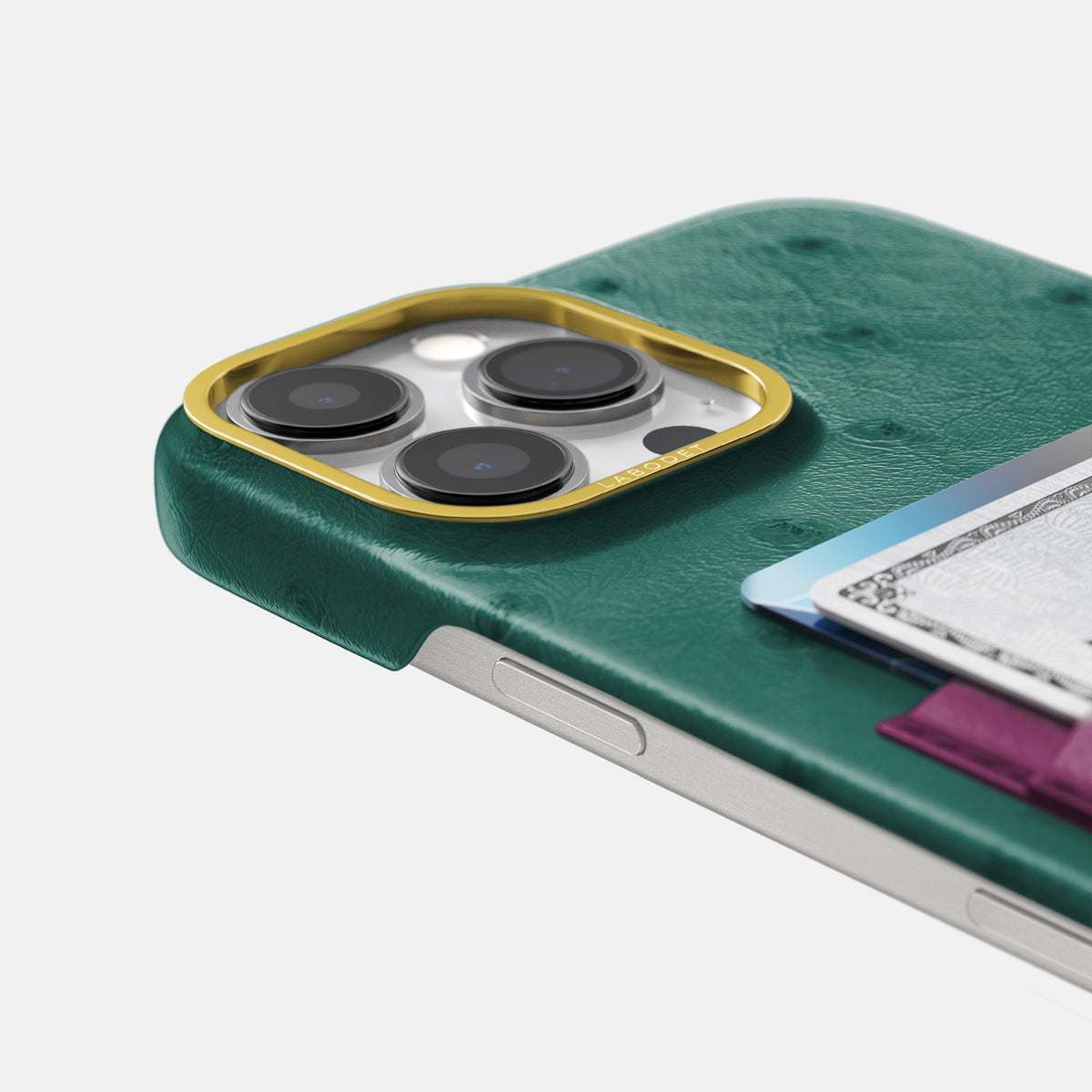 Forest-Green-Purple iPhone 16 Pro Card Case Ostrich with Gold Metal -5 | Forest-Green-Purple-Gold