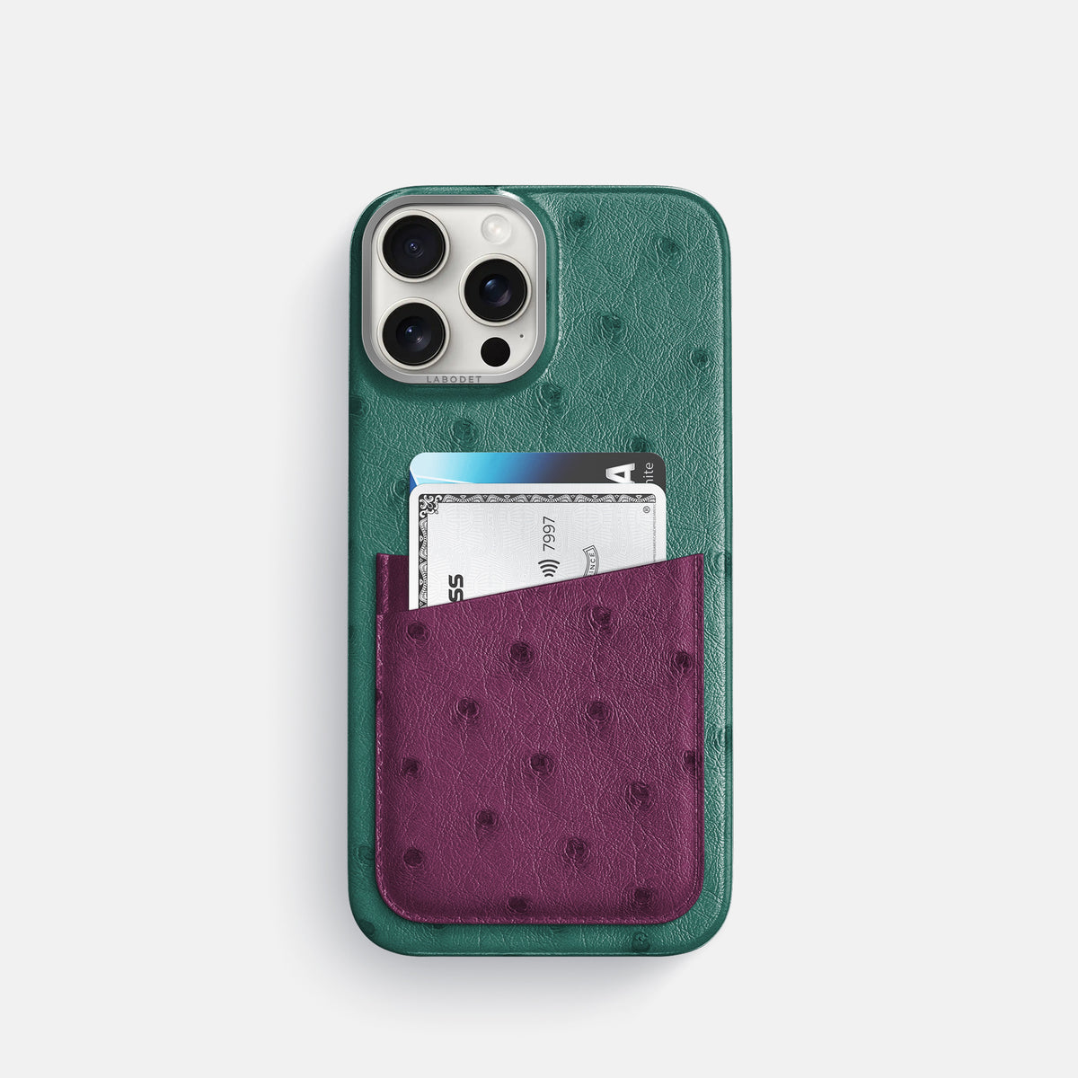 Forest-Green-Purple iPhone 16 Pro Card Case Ostrich with Steel Metal -1 | Forest-Green-Purple-Steel
