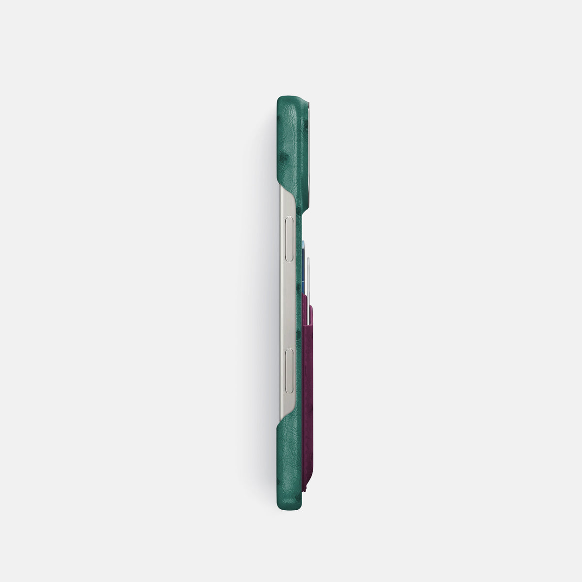 Forest-Green-Purple iPhone 16 Pro Card Case Ostrich with Steel Metal -3 | Forest-Green-Purple-Steel