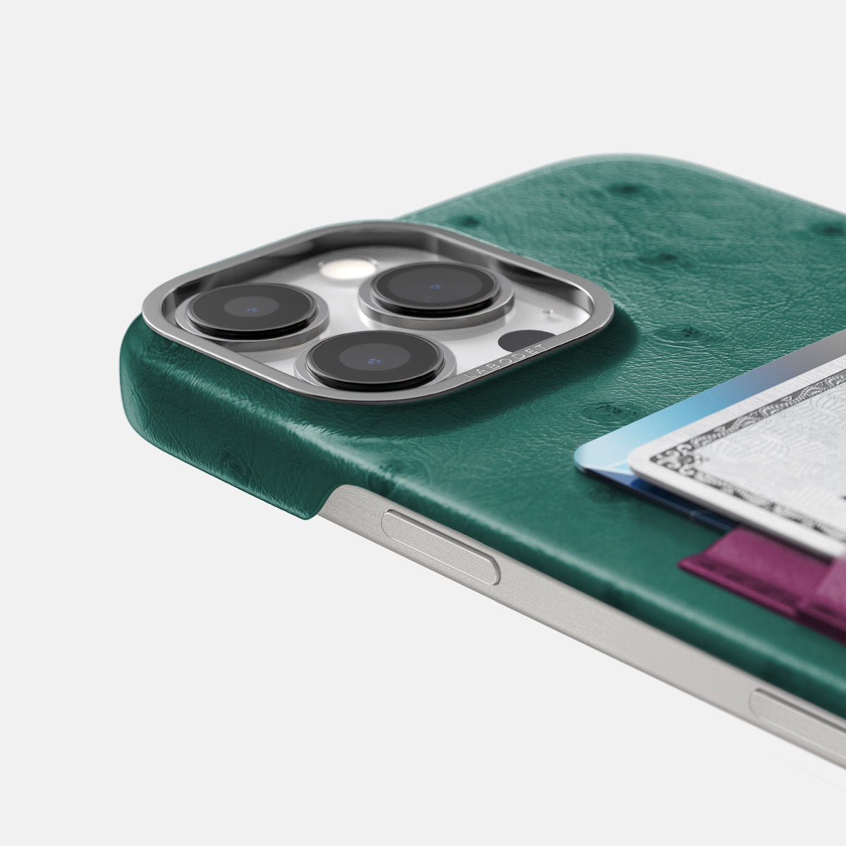 Forest-Green-Purple iPhone 16 Pro Card Case Ostrich with Steel Metal -5 | Forest-Green-Purple-Steel