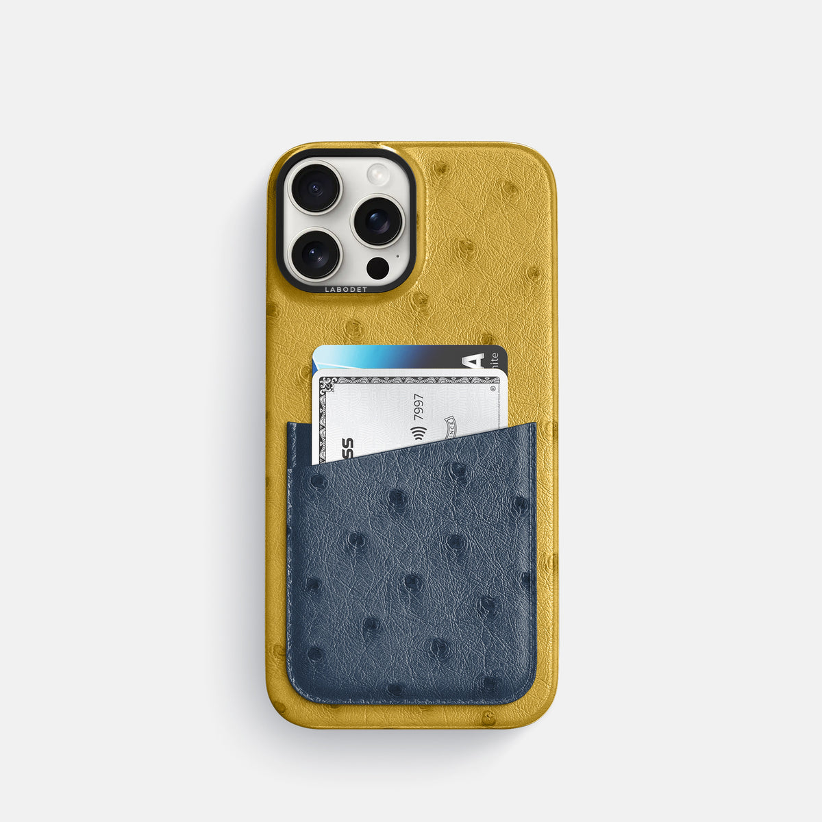 Gold-Navy-Blue iPhone 16 Pro Card Case Ostrich with Black Metal -1 | Gold-Navy-Blue-Black
