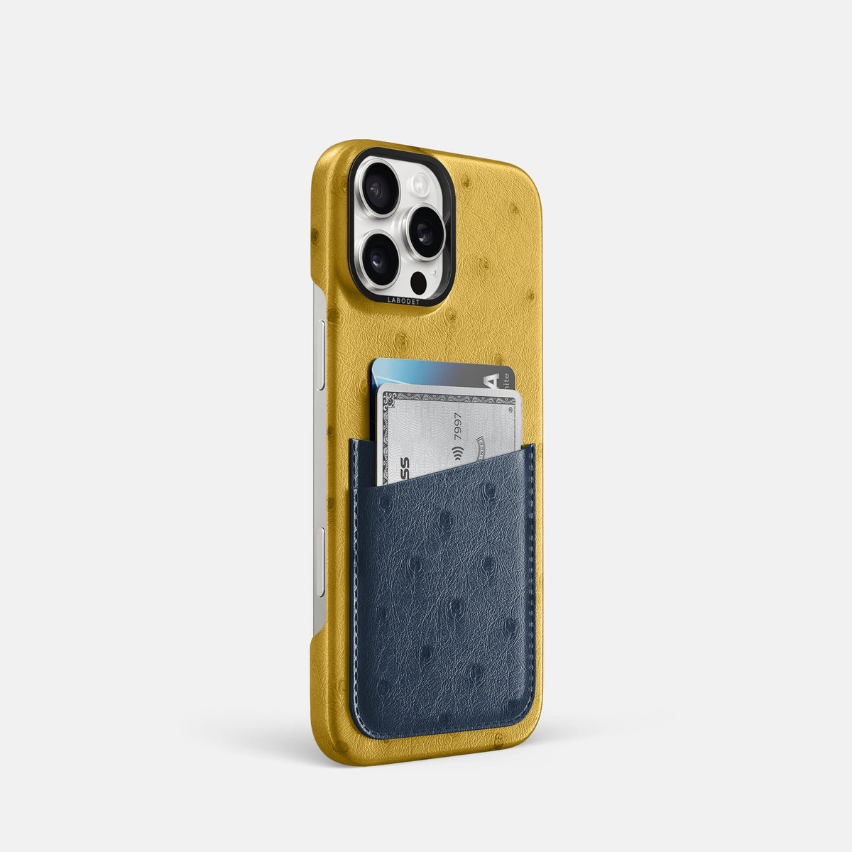 Gold-Navy-Blue iPhone 16 Pro Card Case Ostrich with Black Metal -2 | Gold-Navy-Blue-Black