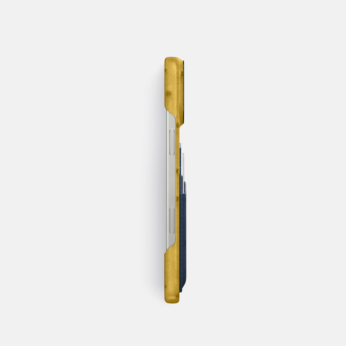 Gold-Navy-Blue iPhone 16 Pro Card Case Ostrich with Black Metal -3 | Gold-Navy-Blue-Black