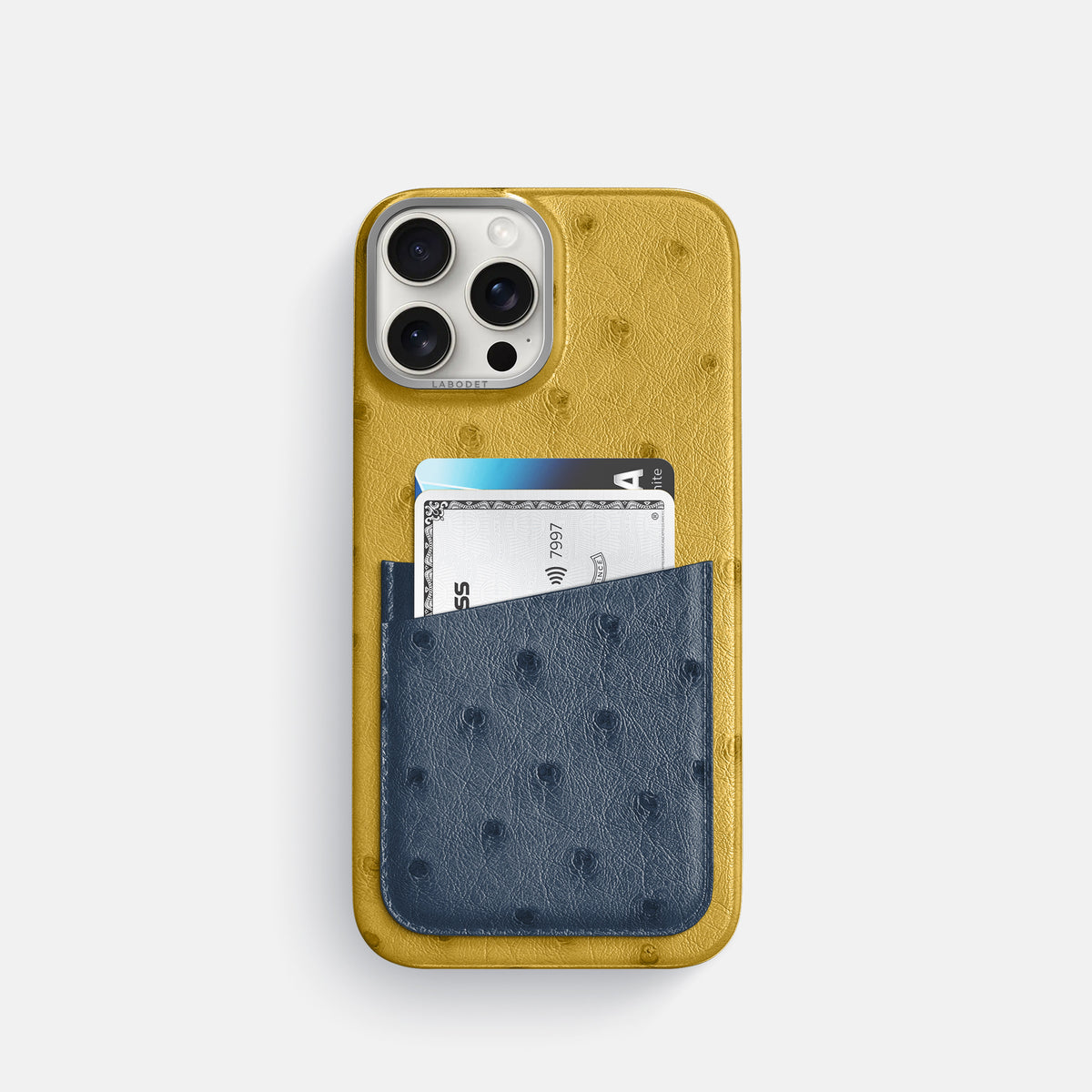 Gold-Navy-Blue iPhone 16 Pro Card Case Ostrich with Steel Metal -1 | Gold-Navy-Blue-Steel