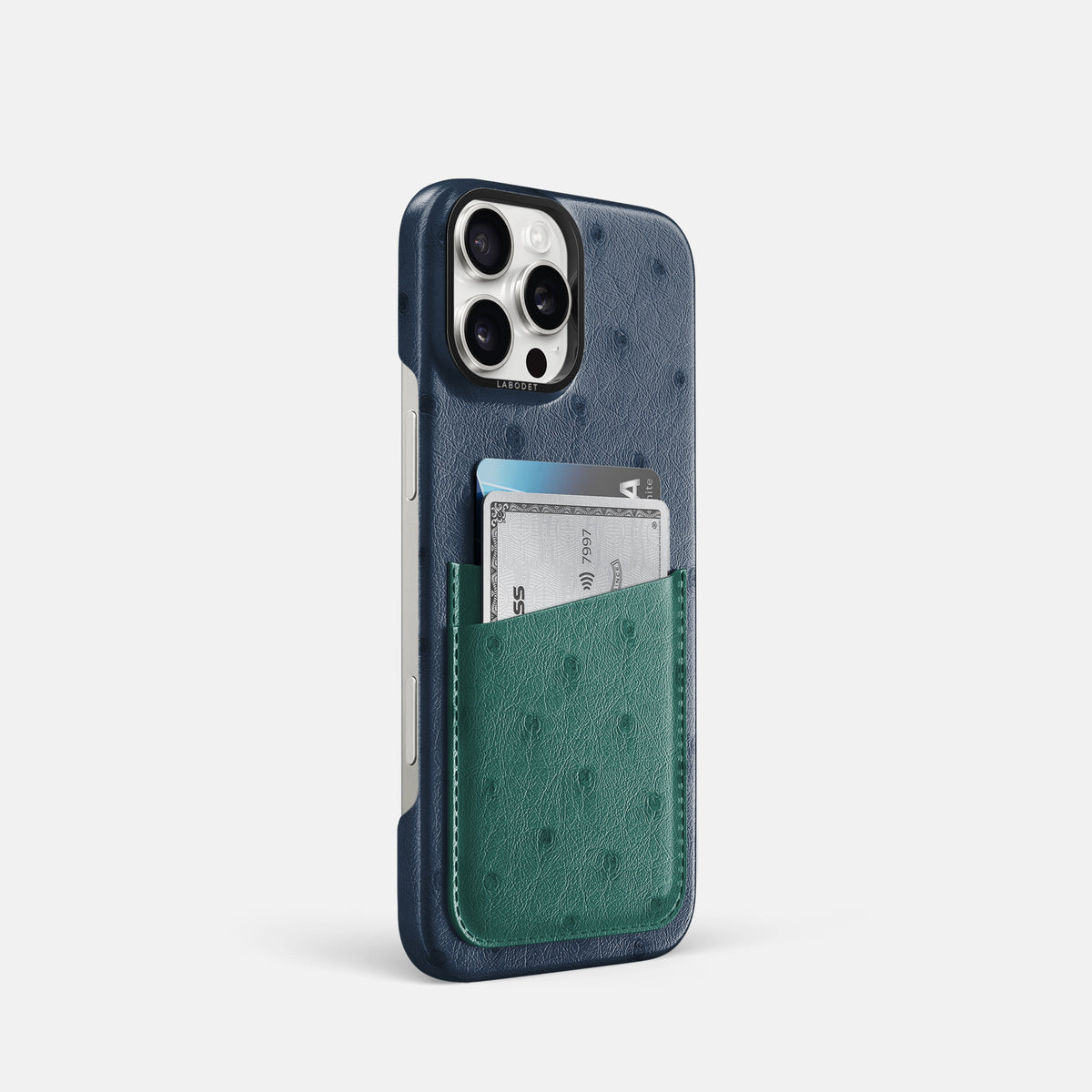 Navy-Blue-Forest-Green iPhone 16 Pro Card Case Ostrich with Black Metal -2 | Navy-Blue-Forest-Green-Black