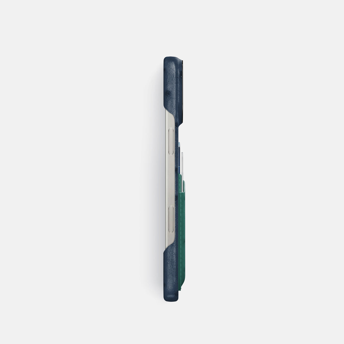 Navy-Blue-Forest-Green iPhone 16 Pro Card Case Ostrich with Black Metal -3 | Navy-Blue-Forest-Green-Black