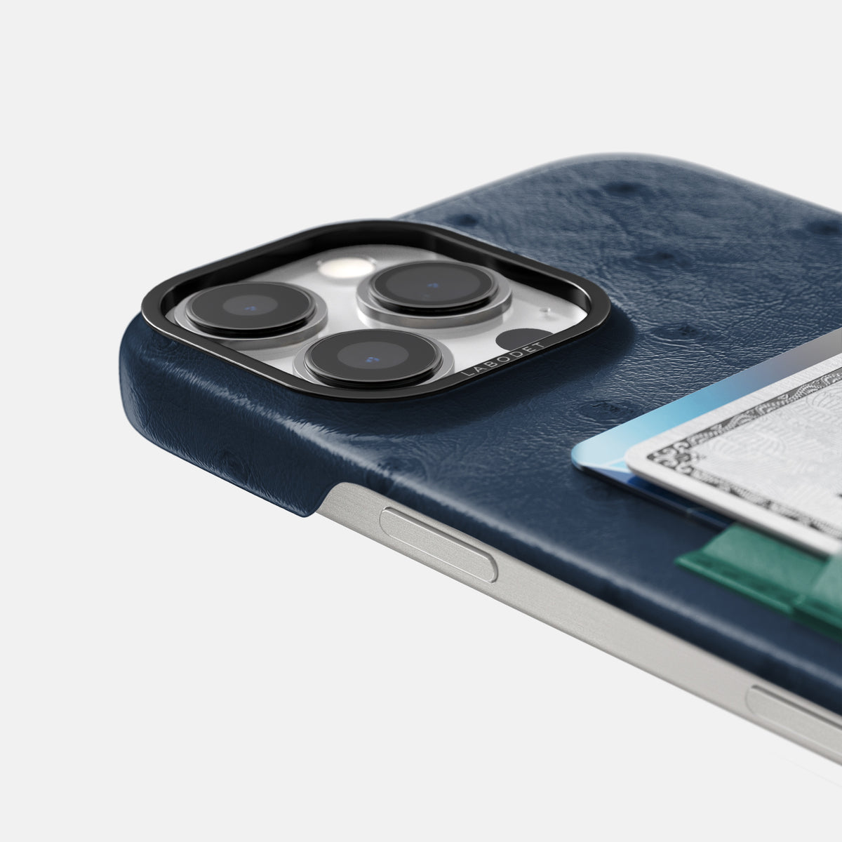 Navy-Blue-Forest-Green iPhone 16 Pro Card Case Ostrich with Black Metal -5 | Navy-Blue-Forest-Green-Black