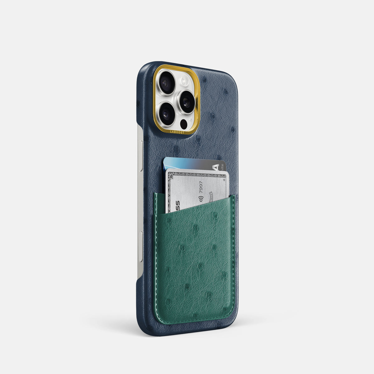 Navy-Blue-Forest-Green iPhone 16 Pro Card Case Ostrich with Gold Metal -2 | Navy-Blue-Forest-Green-Gold