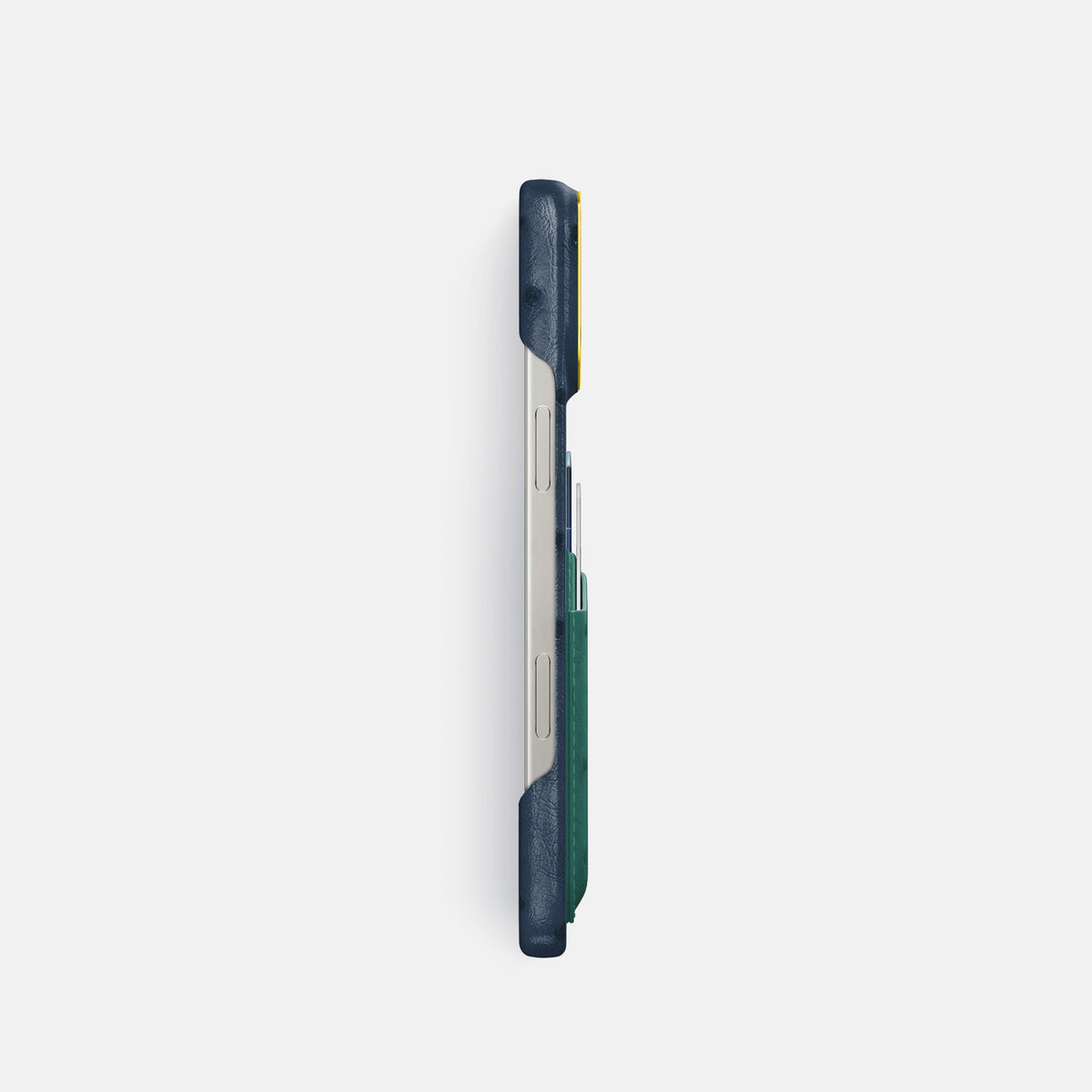 Navy-Blue-Forest-Green iPhone 16 Pro Card Case Ostrich with Gold Metal -3 | Navy-Blue-Forest-Green-Gold