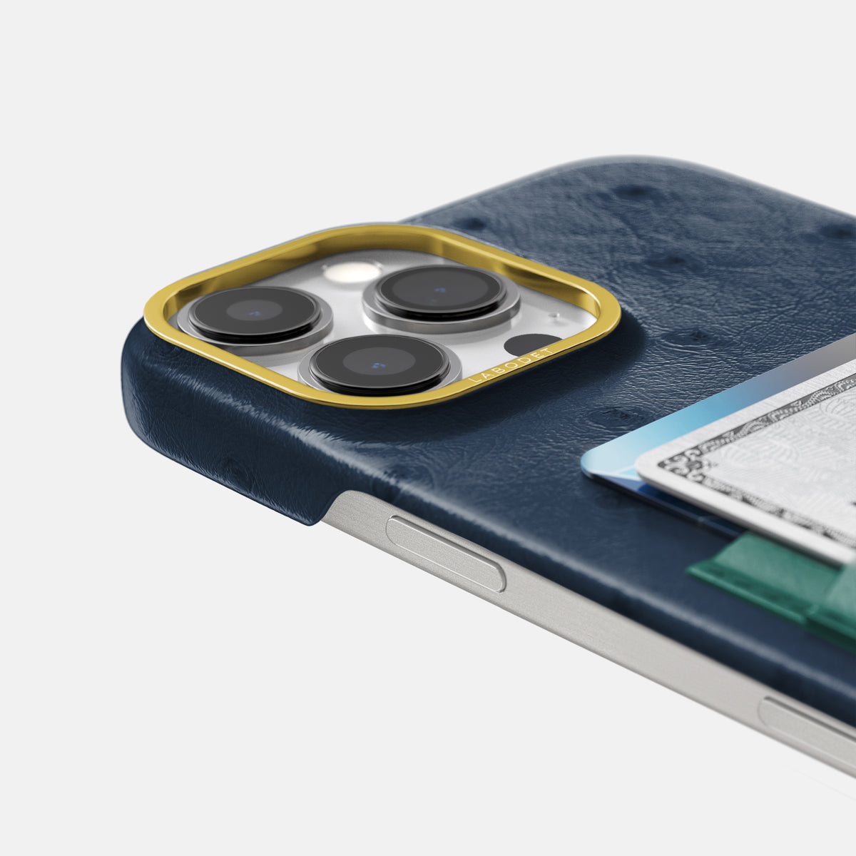 Navy-Blue-Forest-Green iPhone 16 Pro Card Case Ostrich with Gold Metal -5 | Navy-Blue-Forest-Green-Gold