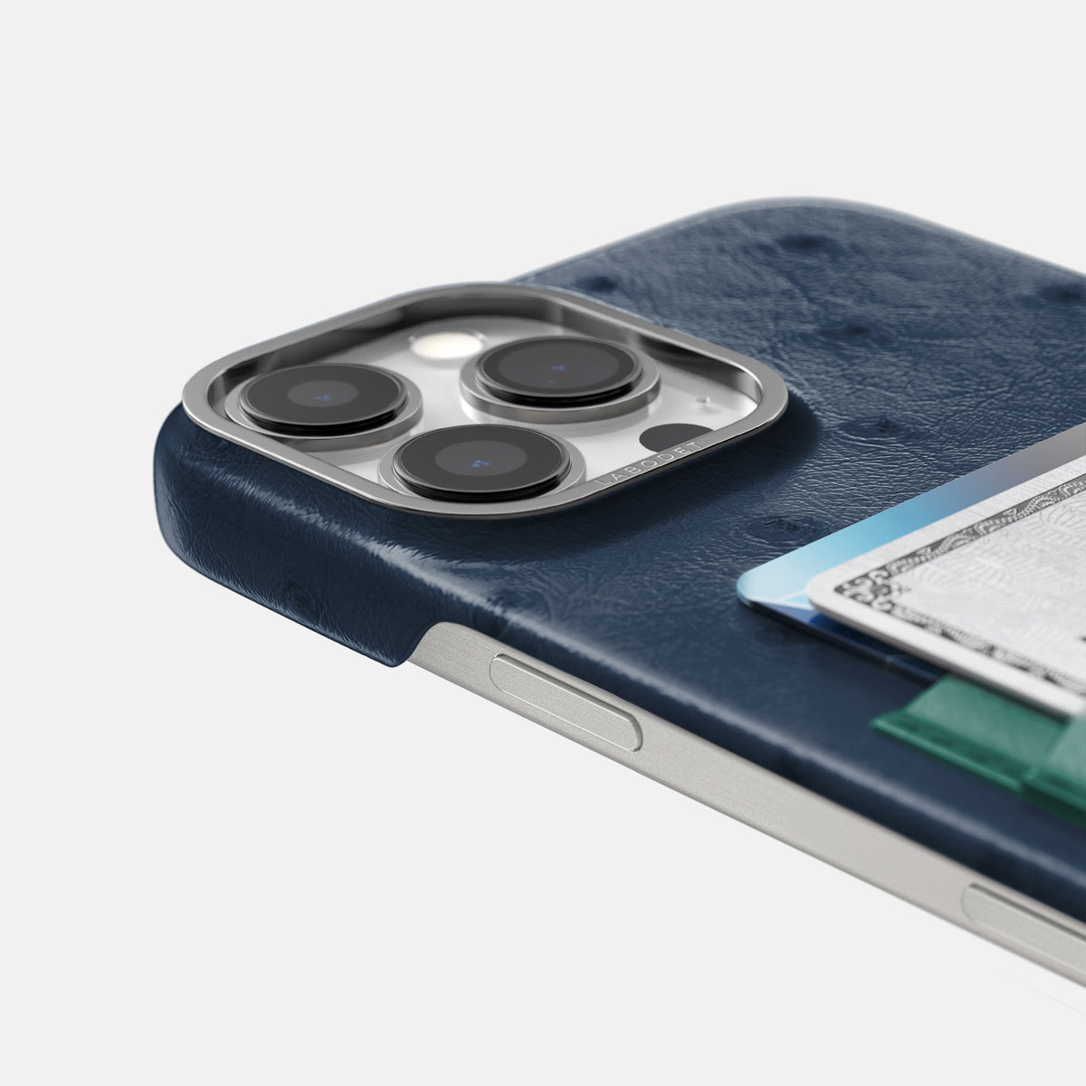 Navy-Blue-Forest-Green iPhone 16 Pro Card Case Ostrich with Steel Metal -5 | Navy-Blue-Forest-Green-Steel