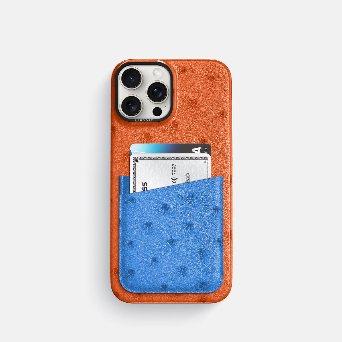 Orange-Royal-Blue iPhone 16 Pro Card Case Ostrich with Black Metal -1 | Orange-Royal-Blue-Black