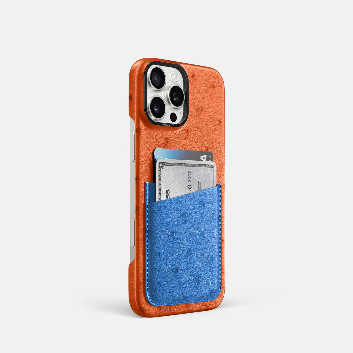 Orange-Royal-Blue iPhone 16 Pro Card Case Ostrich with Black Metal -2 | Orange-Royal-Blue-Black