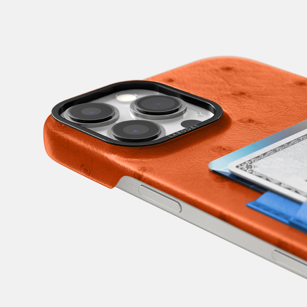 Orange-Royal-Blue iPhone 16 Pro Card Case Ostrich with Black Metal -5 | Orange-Royal-Blue-Black