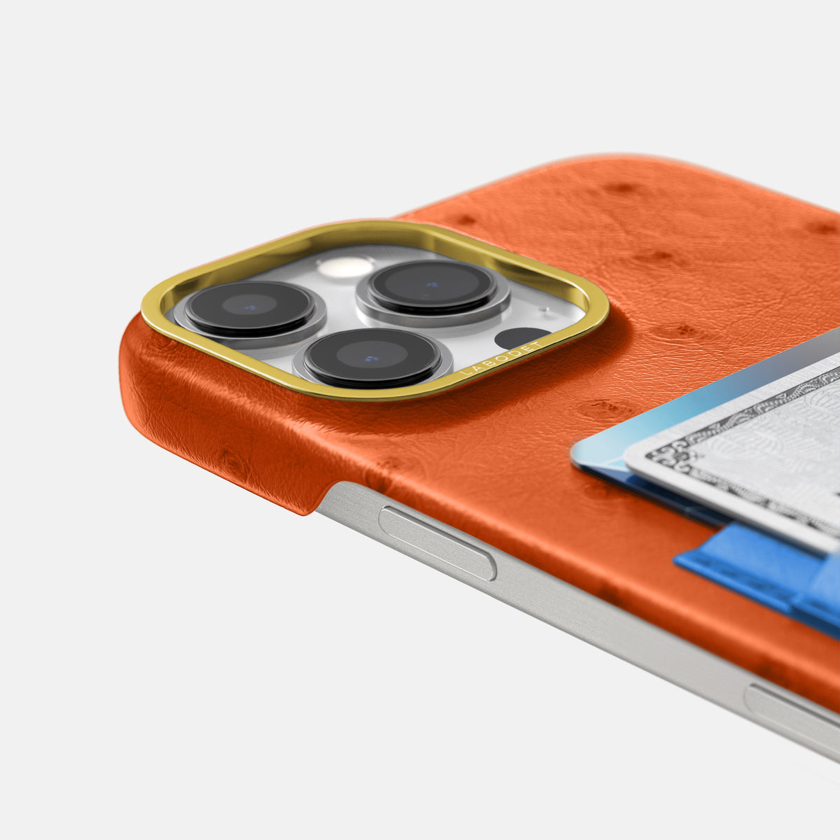 Orange-Royal-Blue iPhone 16 Pro Card Case Ostrich with Gold Metal -5 | Orange-Royal-Blue-Gold