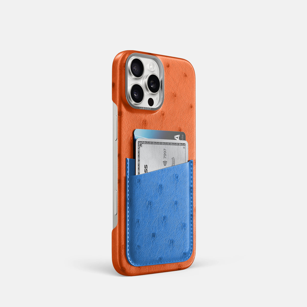 Orange-Royal-Blue iPhone 16 Pro Card Case Ostrich with Steel Metal -2 | Orange-Royal-Blue-Steel