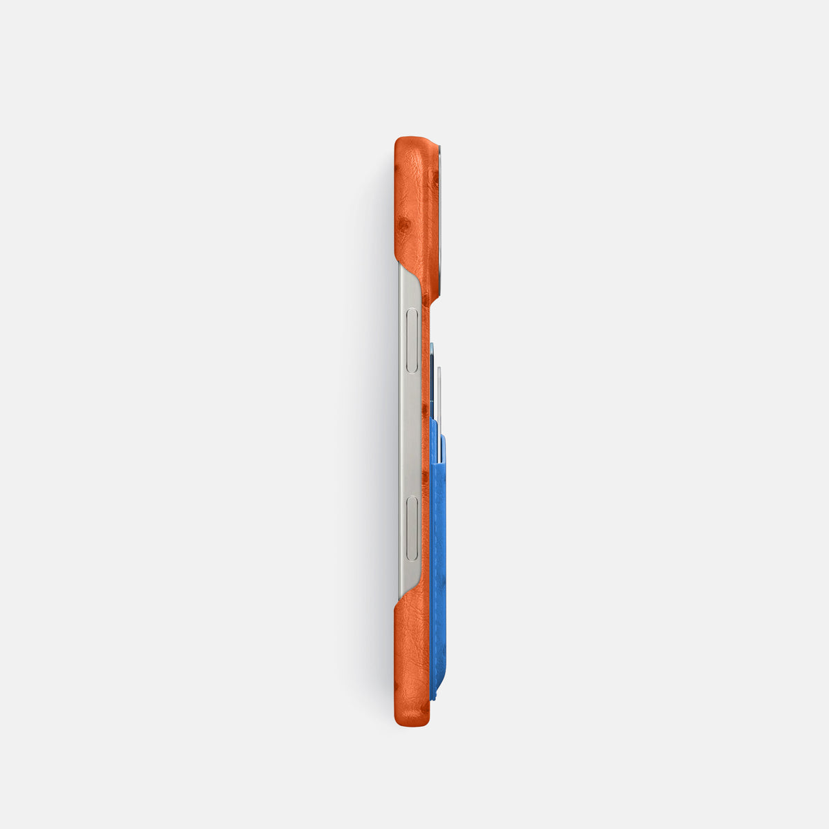 Orange-Royal-Blue iPhone 16 Pro Card Case Ostrich with Steel Metal -3 | Orange-Royal-Blue-Steel
