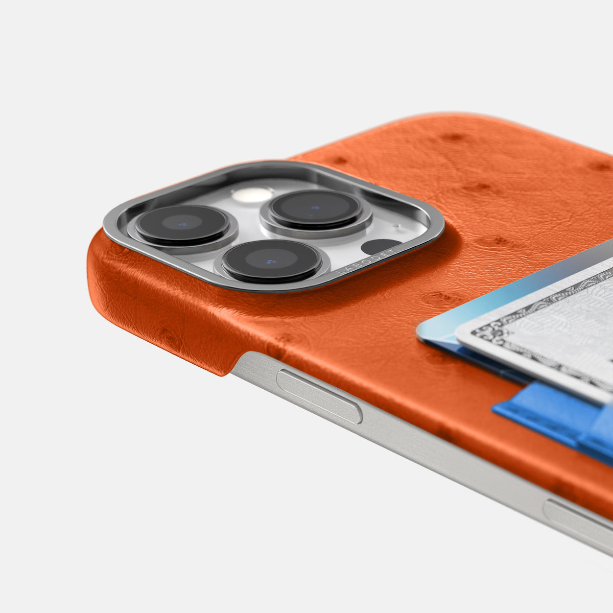 Orange-Royal-Blue iPhone 16 Pro Card Case Ostrich with Steel Metal -5 | Orange-Royal-Blue-Steel