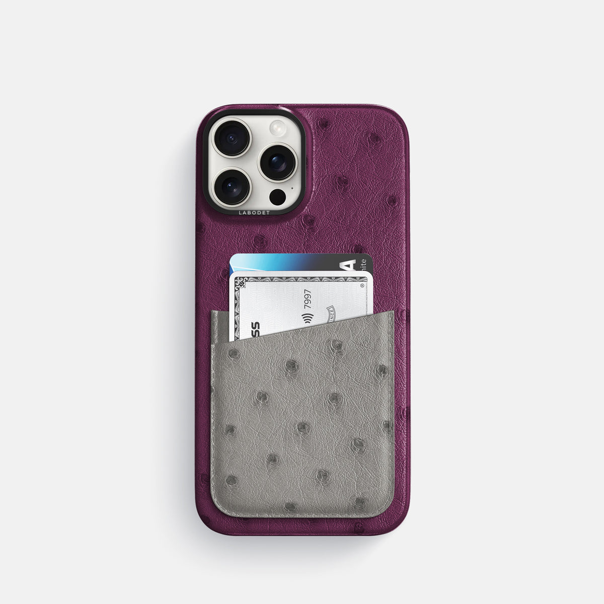 Purple-Grey iPhone 16 Pro Card Case Ostrich with Black Metal -1 | Purple-Grey-Black