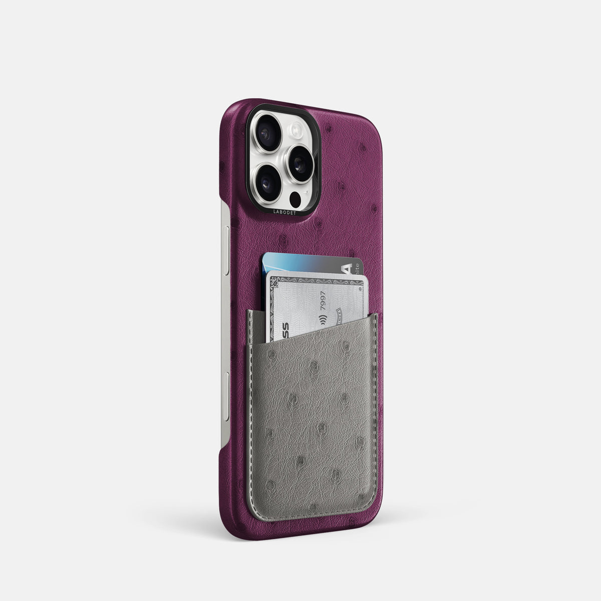 Purple-Grey iPhone 16 Pro Card Case Ostrich with Black Metal -2 | Purple-Grey-Black