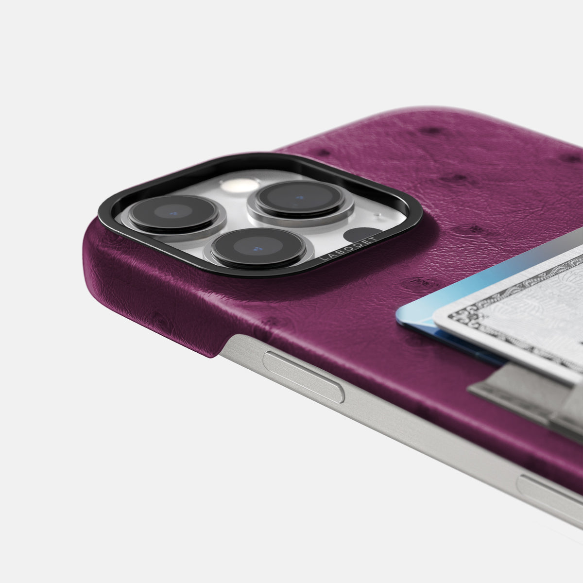 Purple-Grey iPhone 16 Pro Card Case Ostrich with Black Metal -5 | Purple-Grey-Black