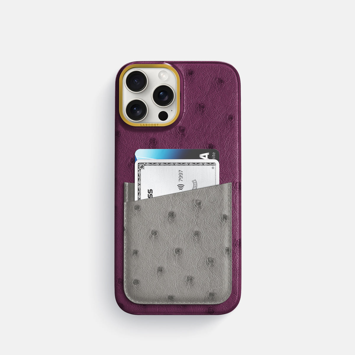 Purple-Grey iPhone 16 Pro Card Case Ostrich with Gold Metal -1 | Purple-Grey-Gold