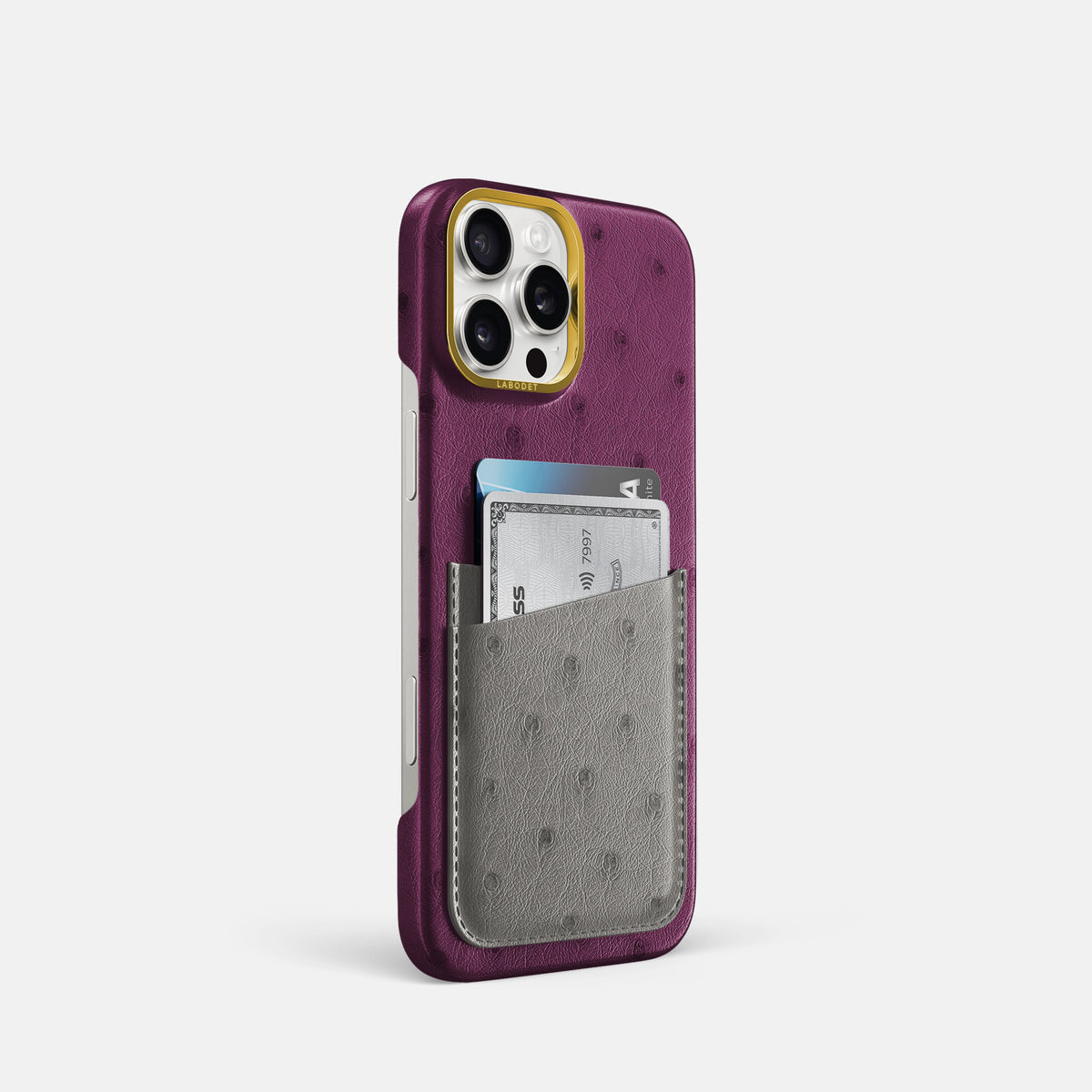 Purple-Grey iPhone 16 Pro Card Case Ostrich with Gold Metal -2 | Purple-Grey-Gold