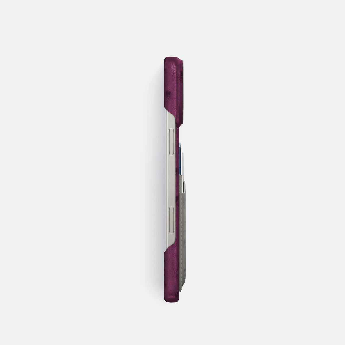 Purple-Grey iPhone 16 Pro Card Case Ostrich with Steel Metal -3 | Purple-Grey-Steel