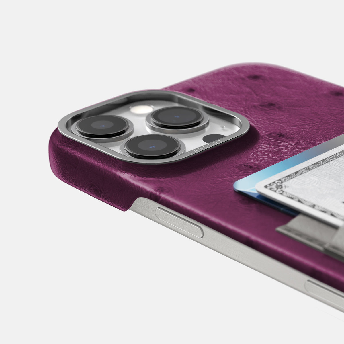 Purple-Grey iPhone 16 Pro Card Case Ostrich with Steel Metal -5 | Purple-Grey-Steel