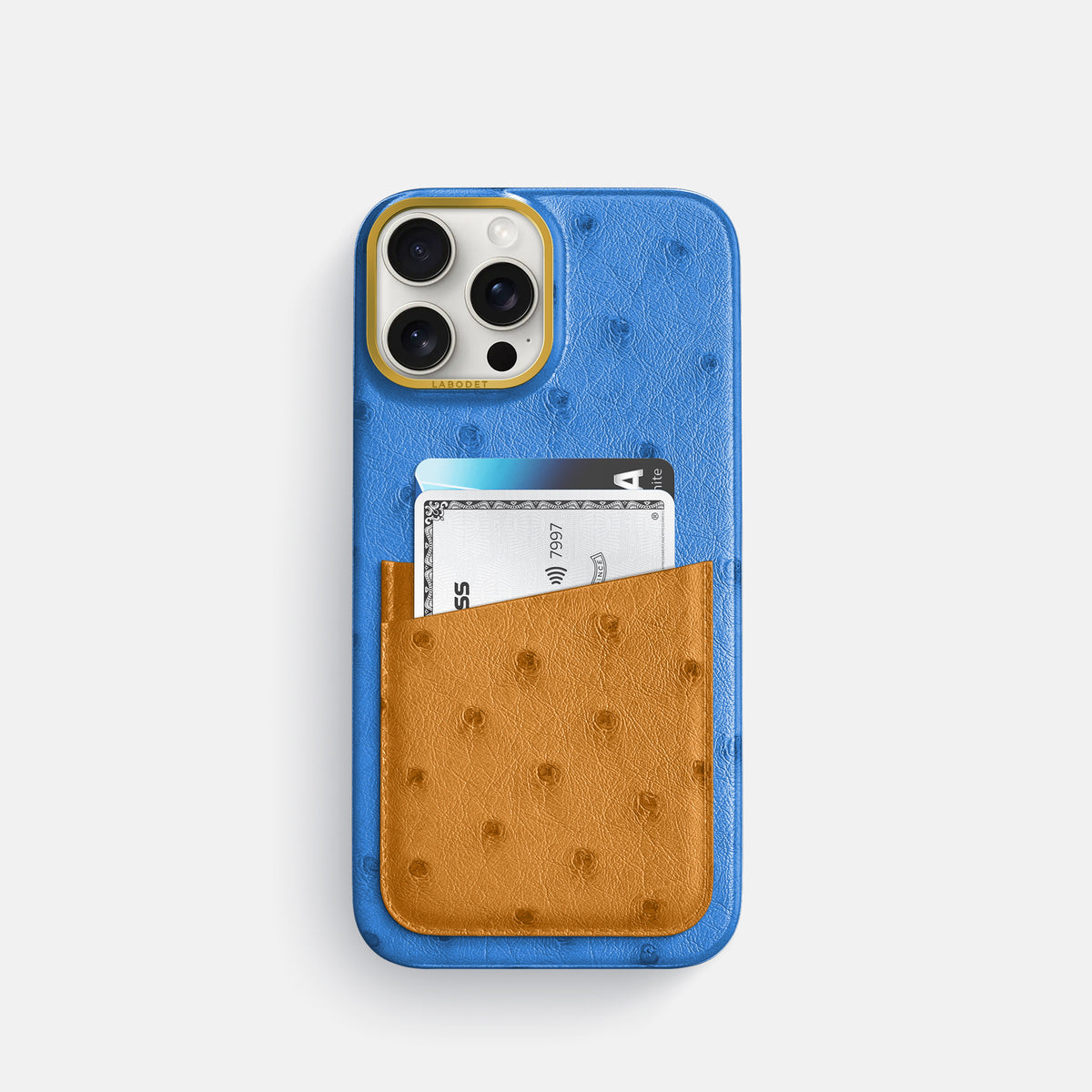 Royal-Blue-Chestnut iPhone 16 Pro Card Case Ostrich with Gold Metal -1 | Royal-Blue-Chestnut-Gold